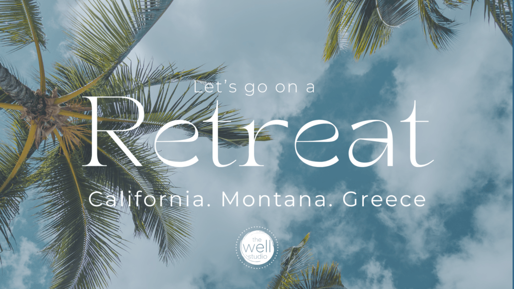"Let's go on a Retreat" text overlays a blue sky with palm trees, like you're lying down looking up and relaxing on the beach