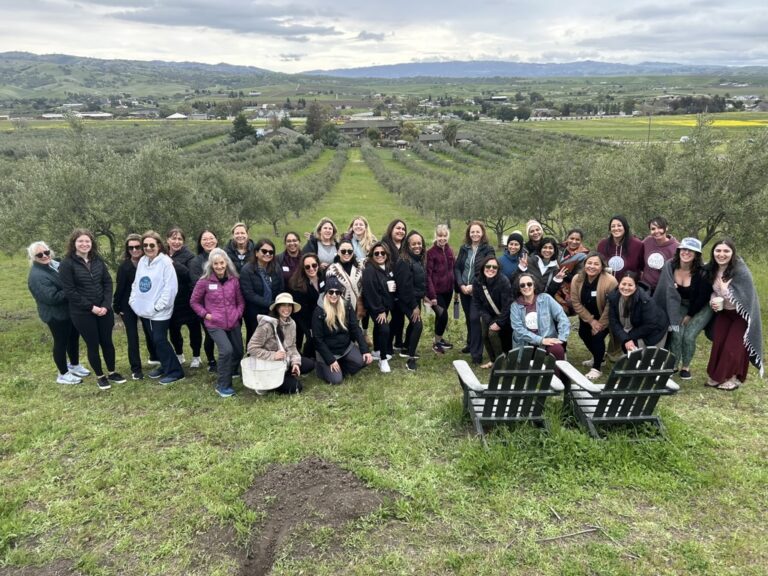 A group of women on a yoga retreat standing in an olive tree orchard overlooking a green valley